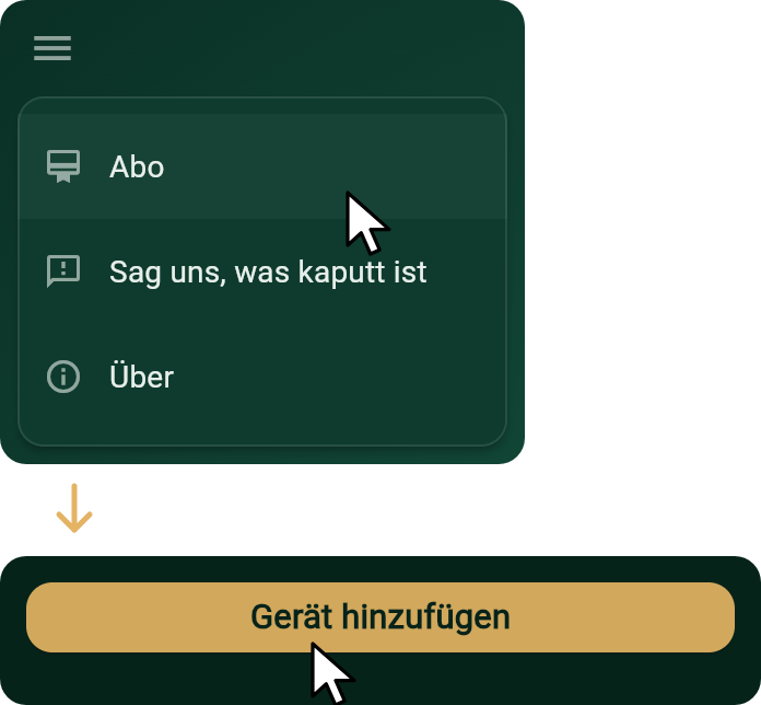 Das Menü des Spiels mit dem Zeiger auf Abo, dann die Abo-Seite mit dem Zeiger auf Gerät hinzufügen