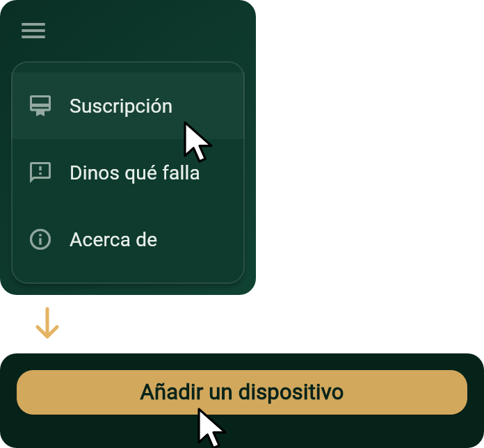El menú del juego con el puntero sobre Suscripción, y luego la página de la suscripción con el puntero sobre Añadir un dispositivo
