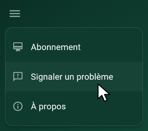 Le menu du jeu, ouvert, avec le pointeur sur Signaler un problème