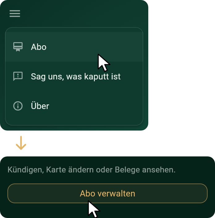 Das Menü des Spiels mit dem Zeiger auf Abo, dann die Abo-Seite mit dem Zeiger auf Abo verwalten