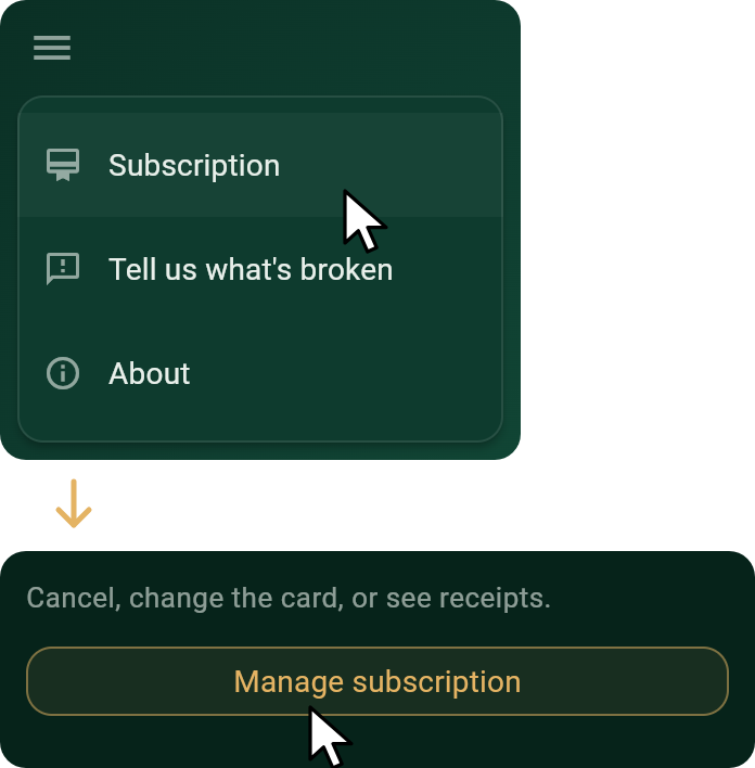 The game's menu with the pointer on Subscription, then the subscription page with the pointer on Manage subscription