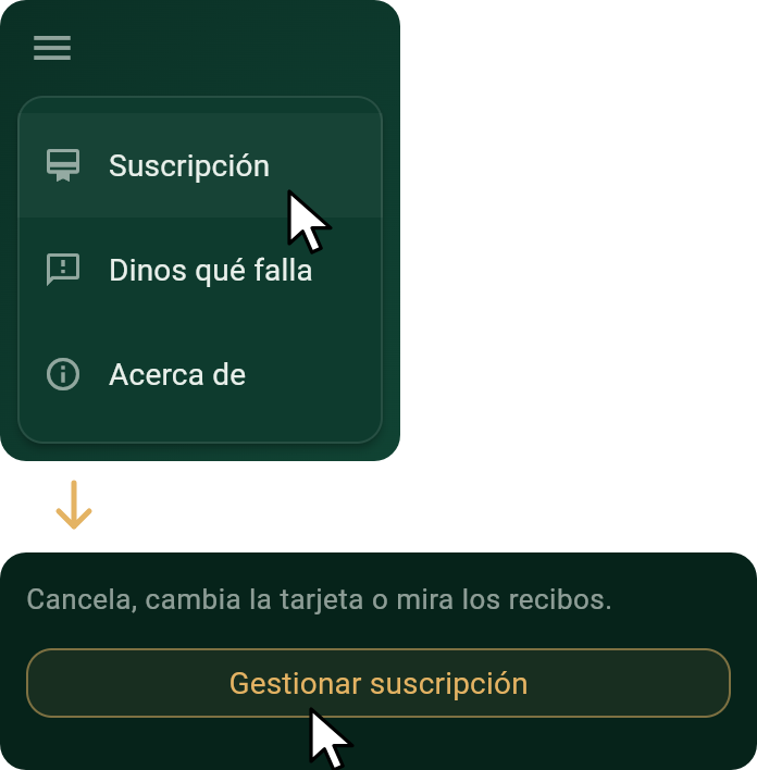 El menú del juego con el puntero sobre Suscripción, y luego la página de la suscripción con el puntero sobre Gestionar suscripción