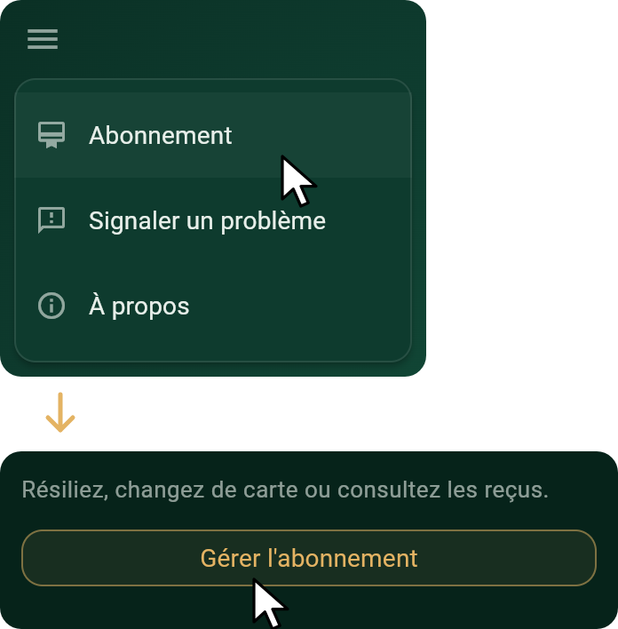 Le menu du jeu avec le pointeur sur Abonnement, puis la page de l'abonnement avec le pointeur sur Gérer l'abonnement