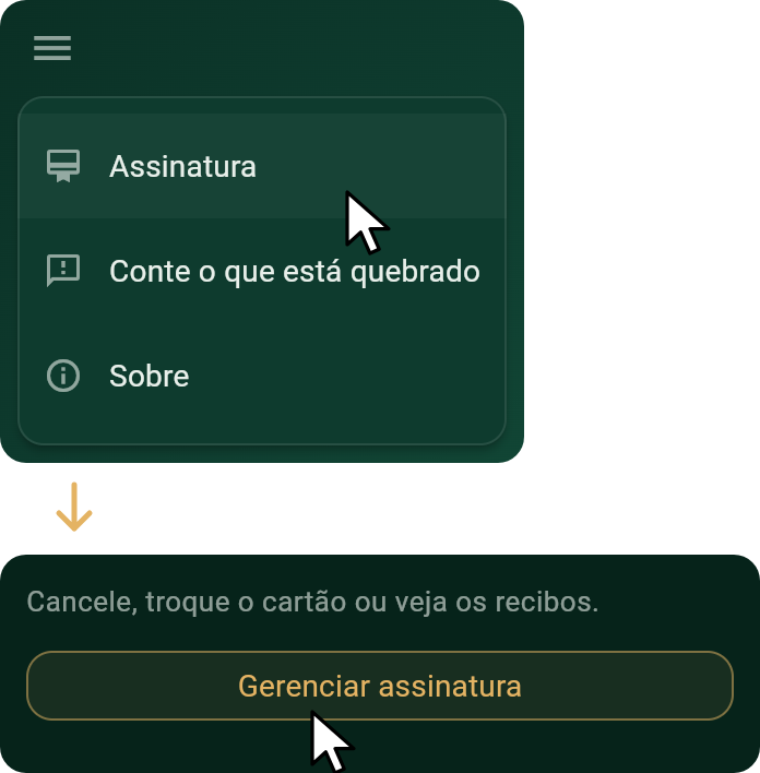 O menu do jogo com o ponteiro sobre Assinatura, e depois a página da assinatura com o ponteiro sobre Gerenciar assinatura